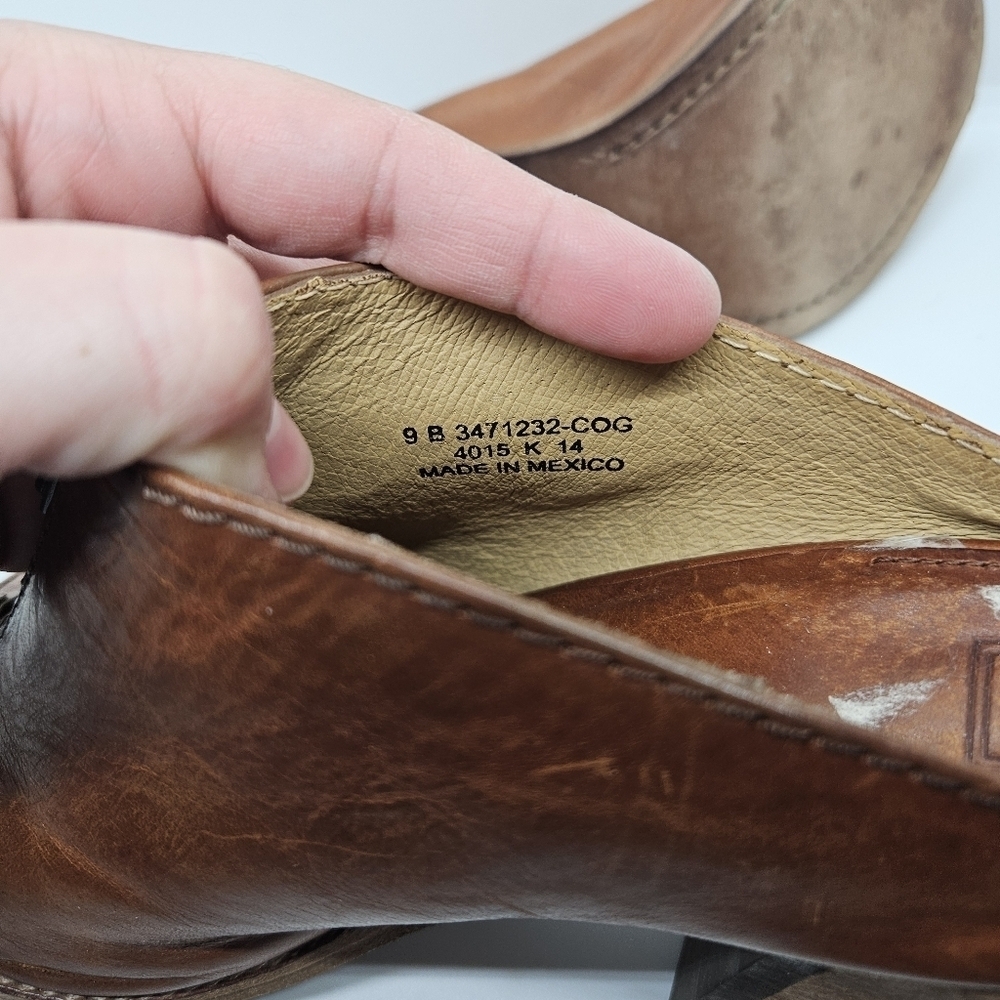 Frye cognac Izzy Zip moto sandal heeled mule peeptoe size 9B - Picture 13 of 13